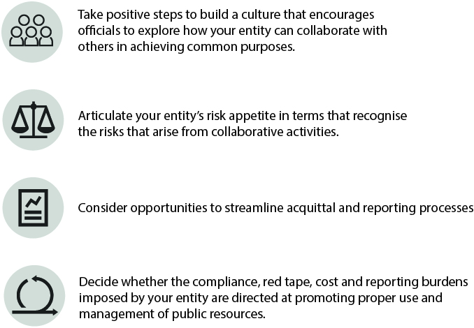 Take positive steps to build a culture that encourages officials to explore how your entity can collaborate with others in achieving common purposes. Articulate your entity's risk appetite in terms that recognise the risks that arise from collaborative activities. Consider opportunities to streamline acquittal and reporting processes. Decide whether the compliance, red tape, cost and reporting burdens imposed by your entity are directed at promoting proper use and management of public resources.