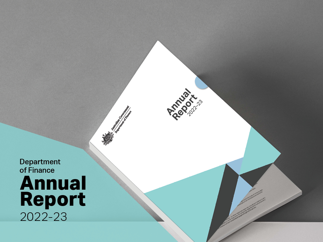 Image of annual report book, decorative image promoting the Department of Finance Annual Report 2022-23