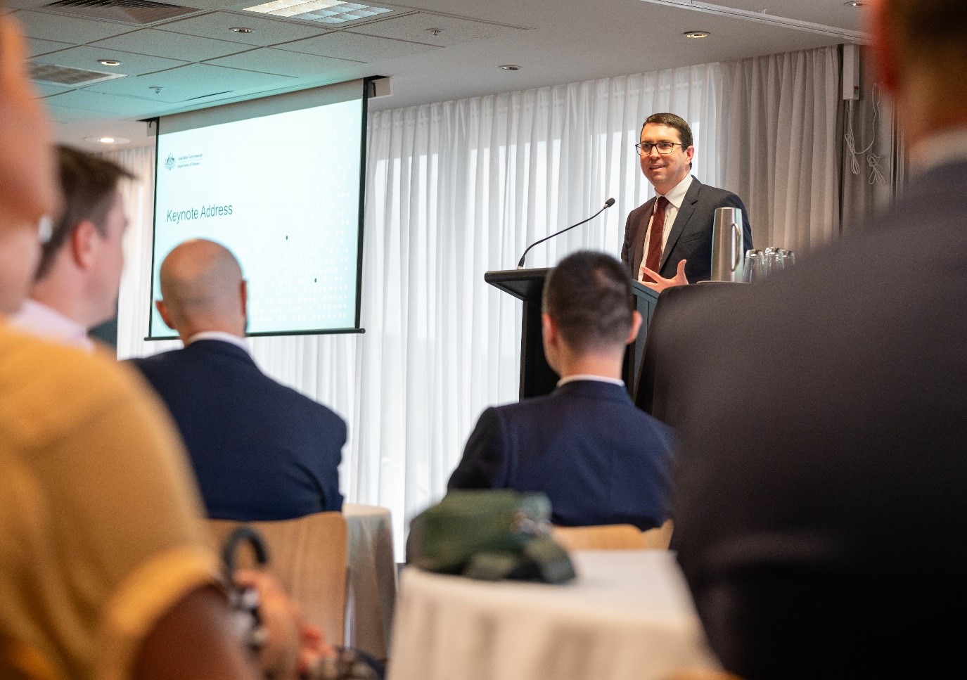 Photograph of the Hon. Patrick Gorman delivering the keynote address. 