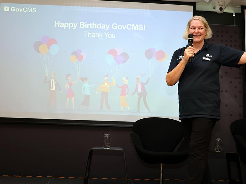 Sharyn Clarkson delivers a presentation at the 10th anniversary meetup event for GovCMS